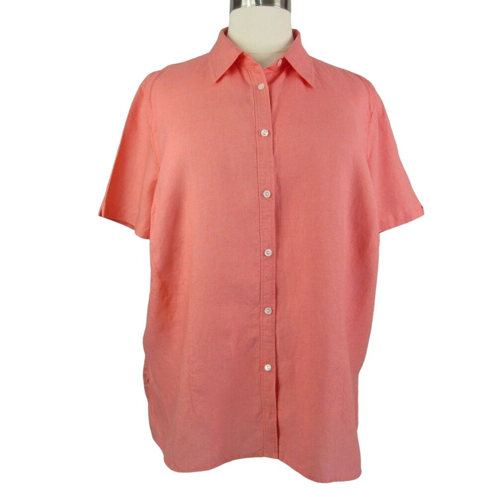 Real Clothes Button Front Linen Blouse Short Sleeve Coral Women's Size 24
